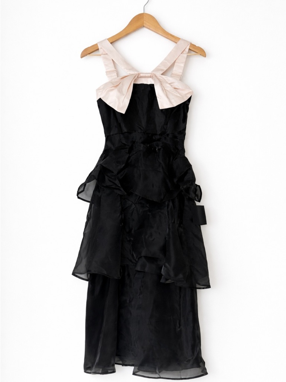 Lulus Black Tiered Organza Maxi Dress Champagne Bow Strappy S NWT - Picture 1 of 8